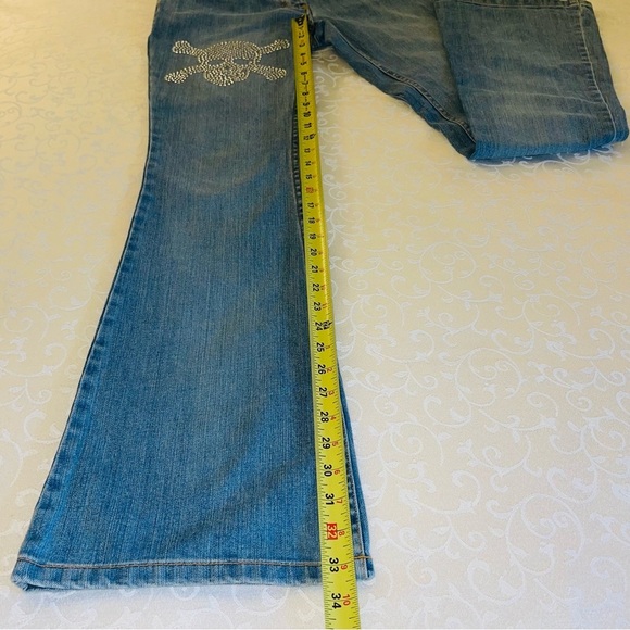 International Concepts Rhinestone Skull Bellbottom Jeans Long Length - Picture 12 of 15